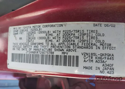 2002 Toyota 4Runner Sr5 V6 из США, поврежденный, VIN JT3HN86R729075788